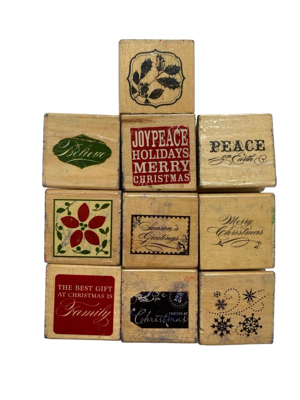 Lot of 10 Christmas Wood Mount Ink Stamps Peace of Earth Joy Peace Believe Gift